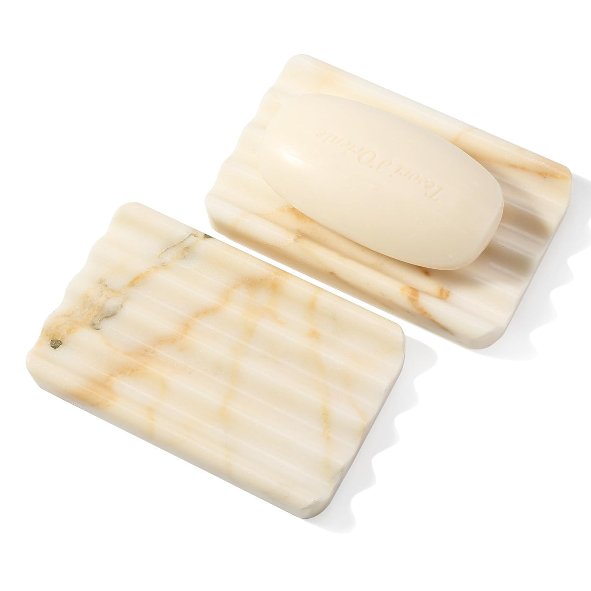 2PCS Koville Italian Natural Marble Soap Dish for Shower, Multi-Color Stone Soap Tray for Bathroom, Bar Soap Holder for Sink, Stripe Grooves Soap Saver Sponge Holder (White/Brown Random)