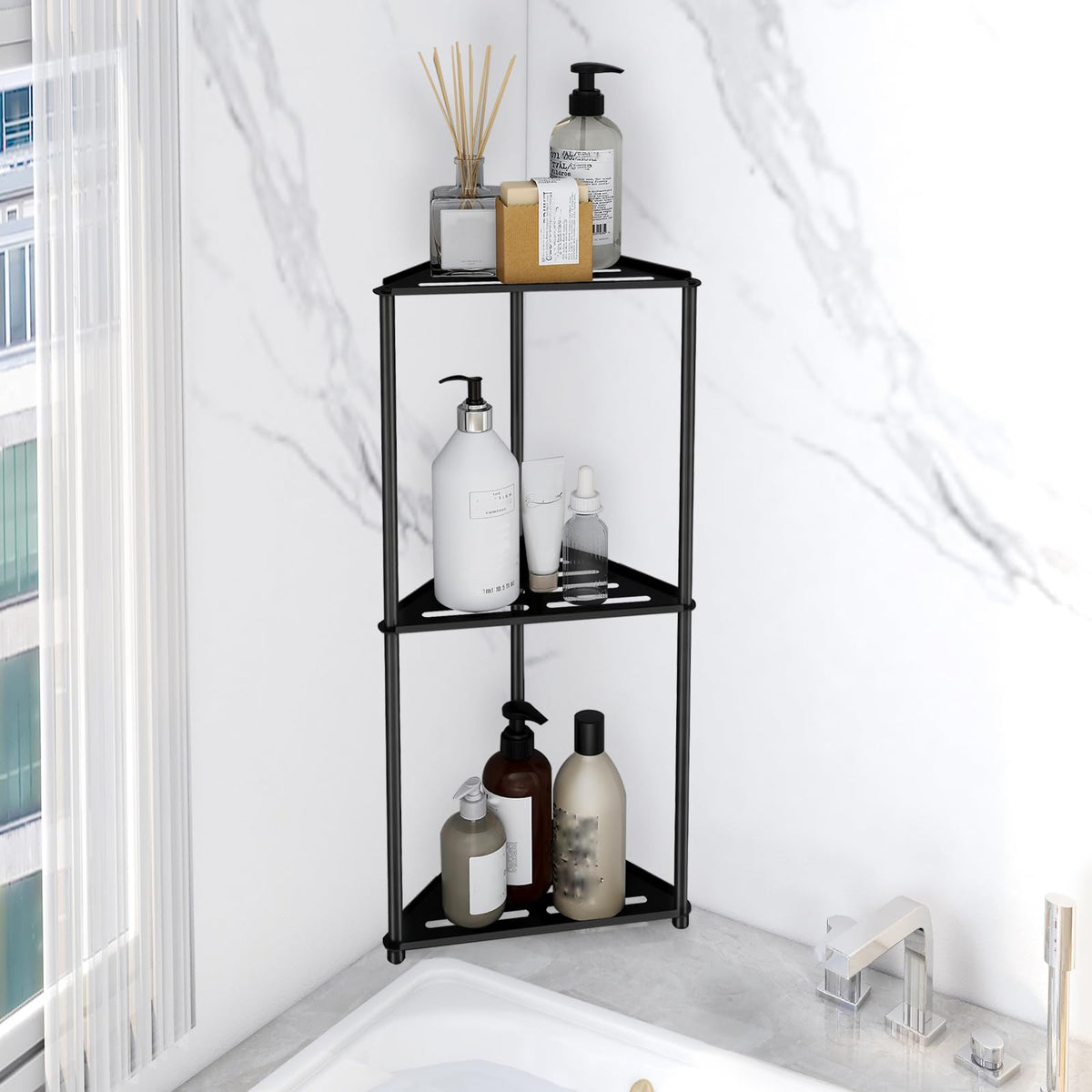 Standing Shower Caddy Corner, 3 Tier Stainless Steel Shower Organizer Stand, Rustproof Corner Shower Shelves, Corner Shower Caddy Bathroom Shower Stand, Black