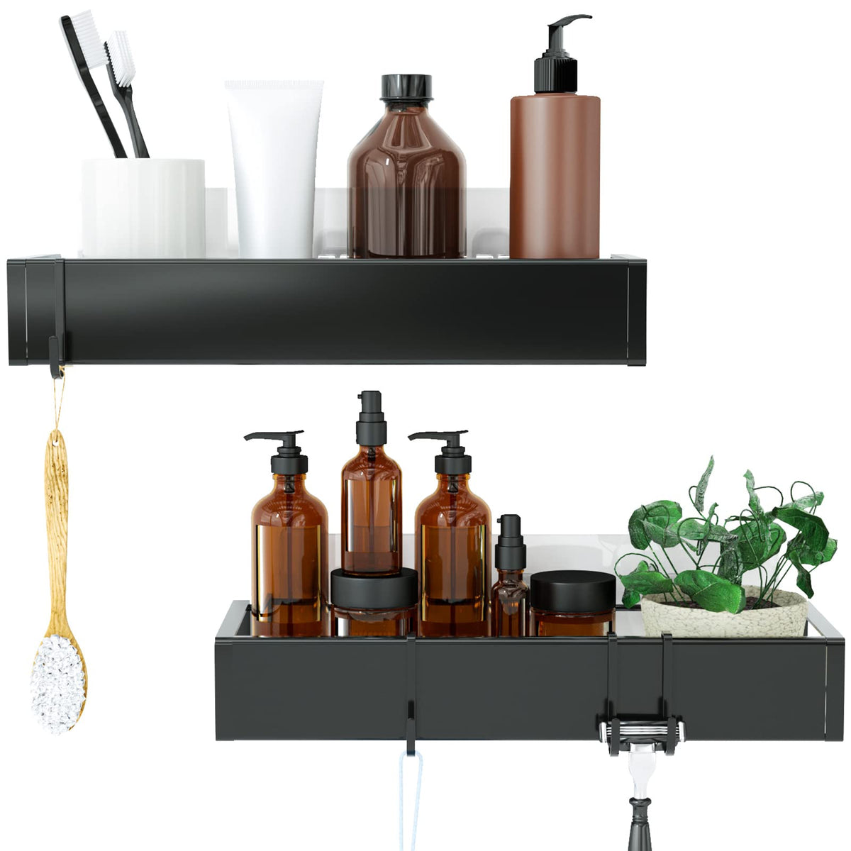 Bathroom Adhesive Shower Caddy Basket Shelf with Hooks, No Drilling Removable Bathroom Shelf Organizer,Stainless Steel Rustproof Shower Rack for Shampoo Storage, Sponge Holder-Silver