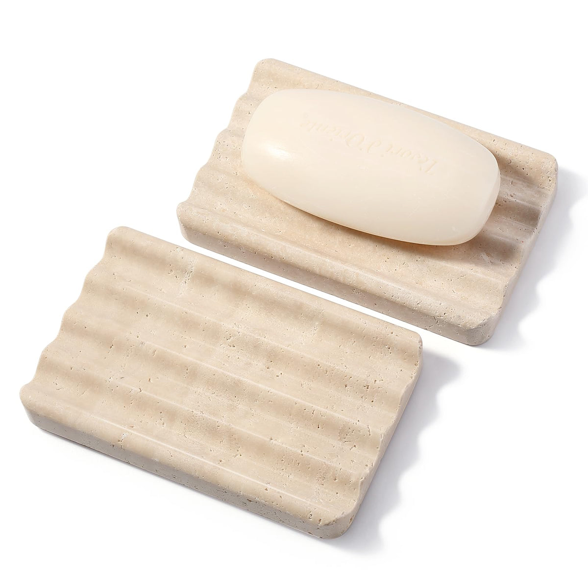 2PCS Koville Italian Natural Marble Soap Dish for Shower, Multi-Color Stone Soap Tray for Bathroom, Bar Soap Holder for Sink, Stripe Grooves Soap Saver Sponge Holder (White/Brown Random)