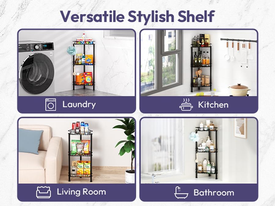 SWTYMIKI Standing Shower Caddy Corner - 3‑Tier Stainless Steel Shower Organizer Shelf with 12 Hooks and Adhesive Pads, Rustproof Corner Shelves Stand Rack for Bathroom Shower Room, Black
