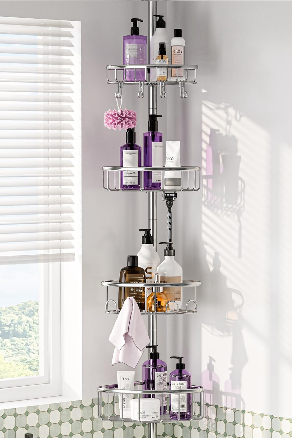 Corner Shower Caddy Tension Pole: Stainless Steel Rustproof 4-Tier Shower Organizer - 47-121 inch Adjustable Bathroom Shelves for Bathtub Shampoo Storage - Tension Rod Floor Standing Bath Rack - Black