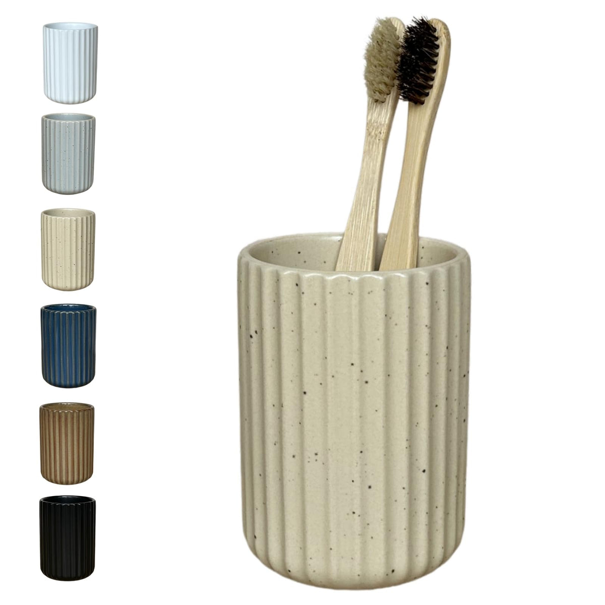 Stoneware Toothbrush Holder for Bathroom Tooth Brush Holder for Bathroom Toothbrush Cup Toothbrush Holders Cute Fluted Vertical Ribbed Stripe (Rustic Brown)
