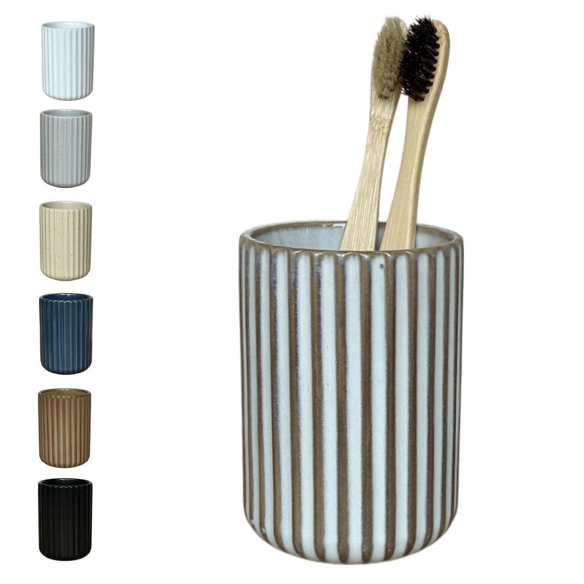 Stoneware Toothbrush Holder for Bathroom Tooth Brush Holder for Bathroom Toothbrush Cup Toothbrush Holders Cute Fluted Vertical Ribbed Stripe (Rustic Brown)