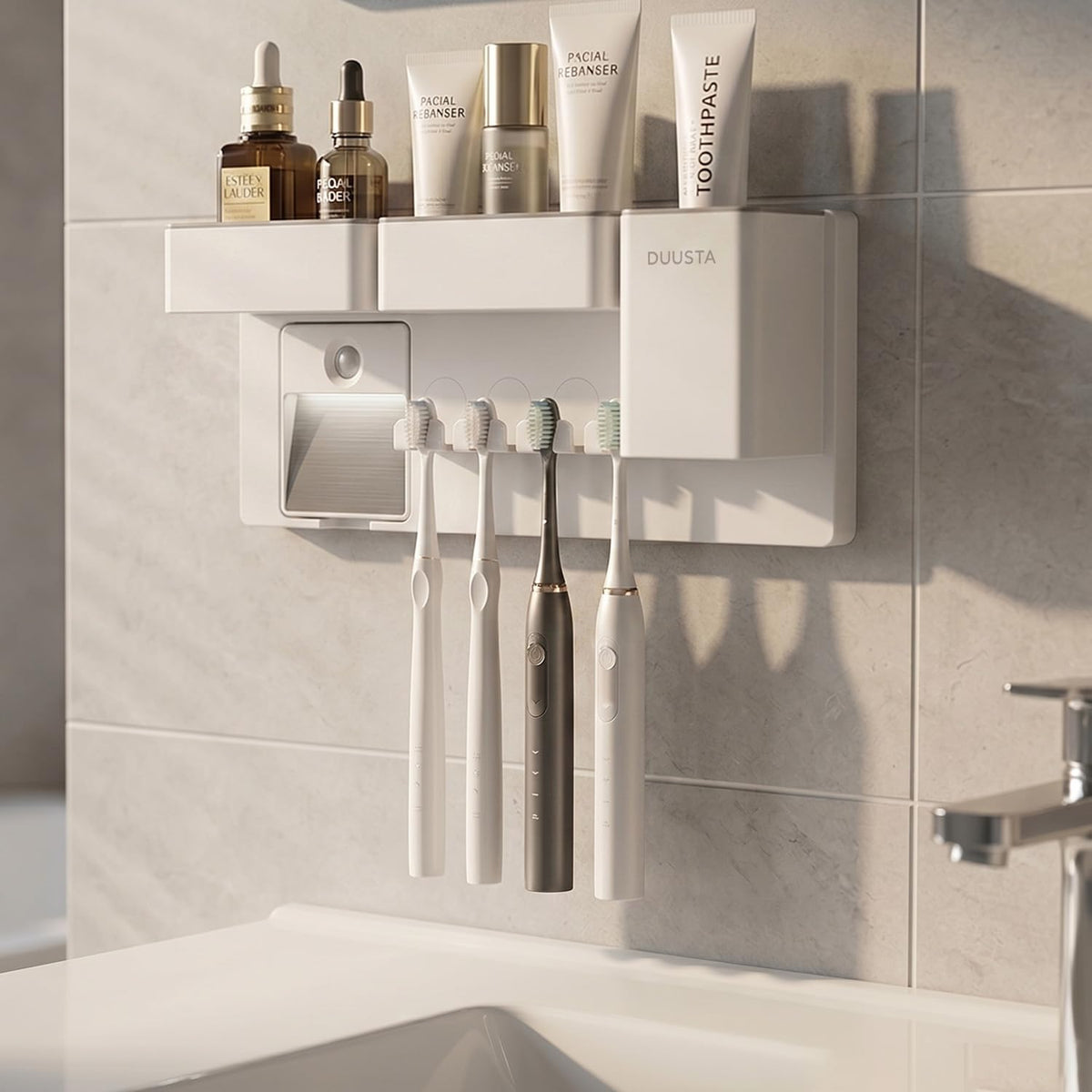 Toothbrush Holders for Bathrooms Toothbrush Holders Wall Mounted with Magnetic Night Light-4 Toothbrush Slots, 3 Independent Storage Compartments Bathroom Decor All-in-One Organizers Accessories Black