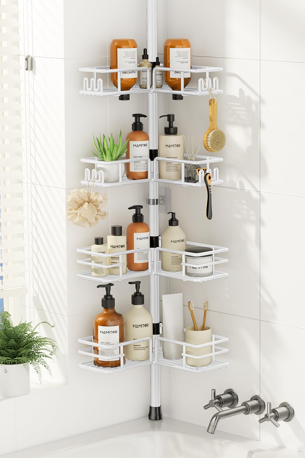 HAMITOR Shower Caddy Tension Pole, 4-Tier No Drill Corner Shower Organizer