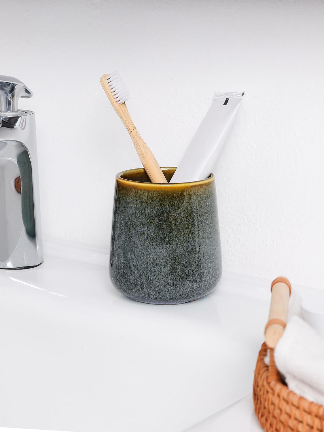 INGOFIN Ceramic Toothbrush Holder Cup, 12 oz Toothpaste Holder for Bathroom Vanity and Countertop, Organizer for Cosmetic, Makeup, Office Pencils, for Hotel Apartment, Kiln-Glazed Blue-Green