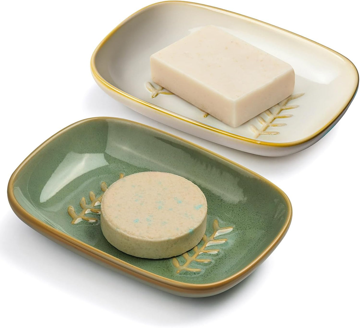 2 Pack Ceramic Soap Dish for Cleaner Shower, Decorative Soap Holder for Bar Square Shampoo or Sponge, Cute Shower Soap Dish Soap Saver Tray Container for Bathroom Kitchen Sink, Easy to Clean