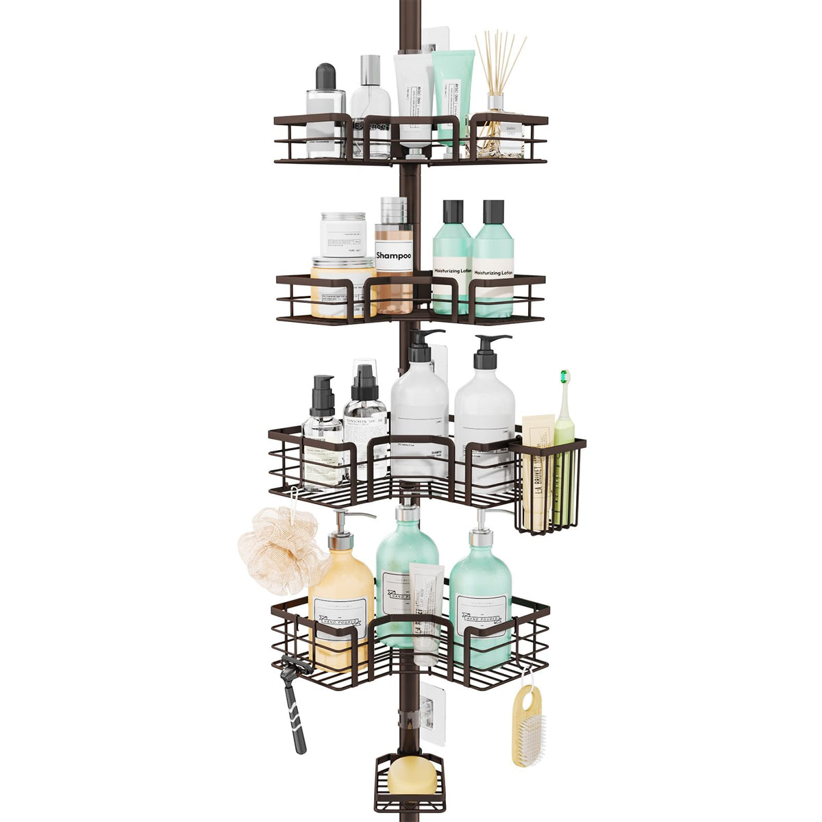 SWTYMIKI Shower Caddy Tension Pole - 4-Tier Corner Shower Organizer Tension Rod with Soap Holder, Toothbrush Holder & 4 Hooks, Adjustable Stainless Steel Bathroom Organizer 27.6 to 108.3 inch, Black