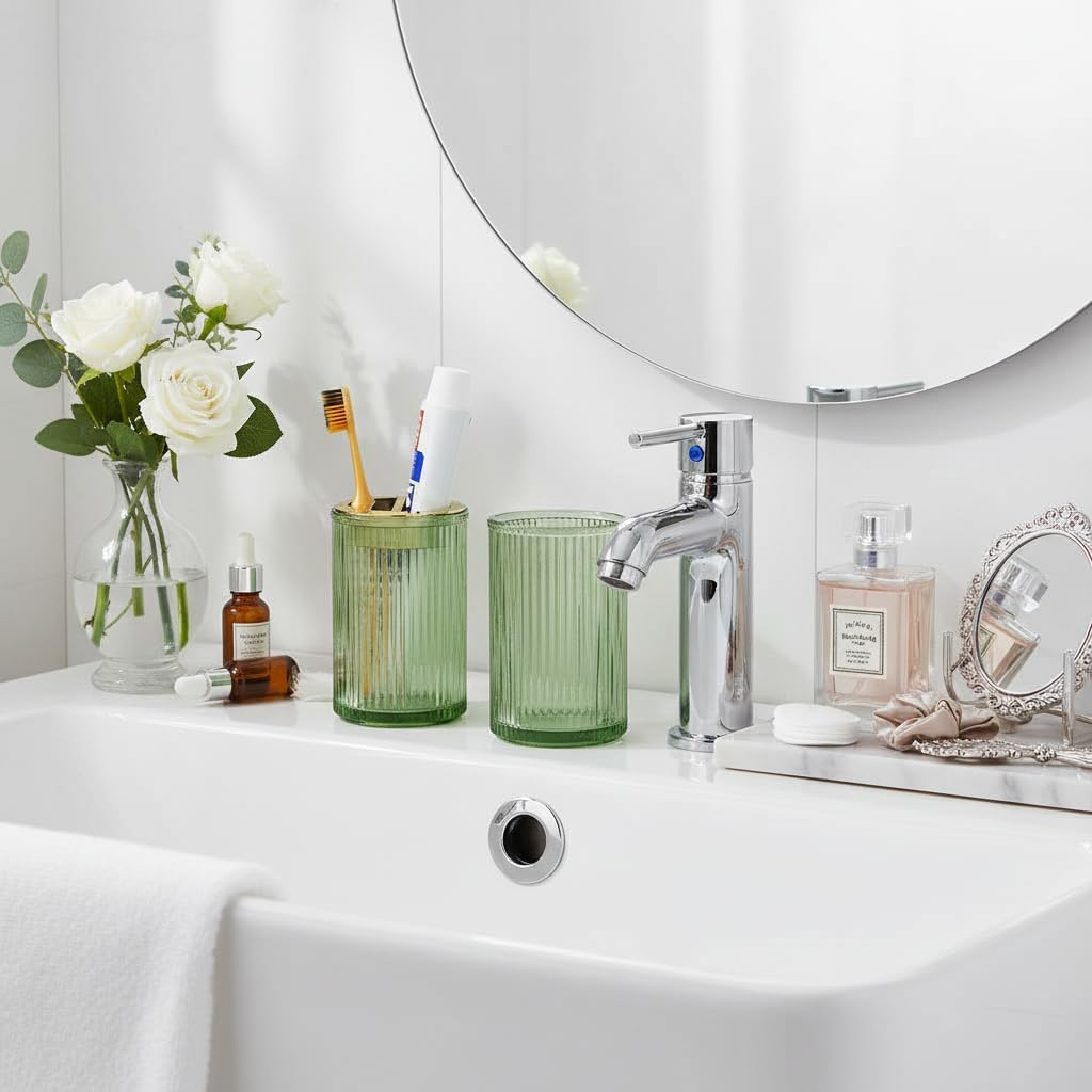 Toothbrush Holders for Bathrooms, 2pcs Glass Toothbrush Holder, 12oz Bathroom Tumbler and Mouthwash Cup, Tooth Brush and Toothpaste Organizer for Bathroom Vanity Countertop (Green Gold)