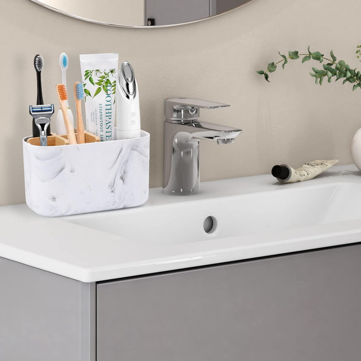 GFWARE Toothbrush Holders for Bathrooms, 5 Slots Bamboo Toothbrush Holder Kids Electric Toothbrush Holder and Toothpaste Holder for Bathroom Countertop Accessories Storage, Marble Toothbrush Organizer