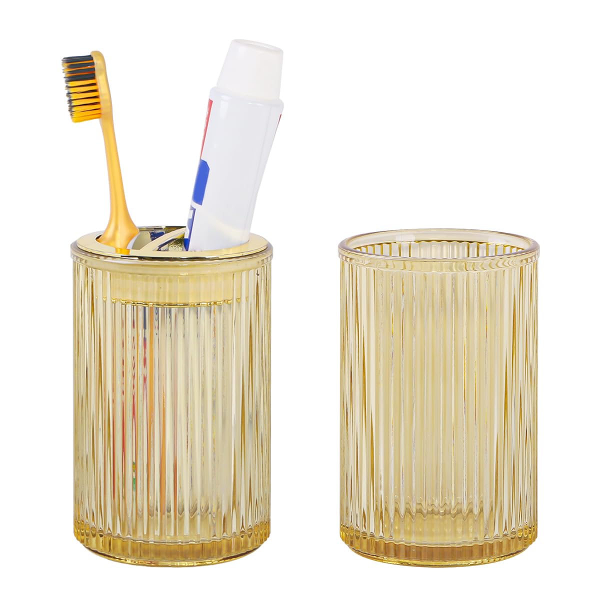 Toothbrush Holders for Bathrooms, 2pcs Glass Toothbrush Holder, 12oz Bathroom Tumbler and Mouthwash Cup, Tooth Brush and Toothpaste Organizer for Bathroom Vanity Countertop (Green Gold)