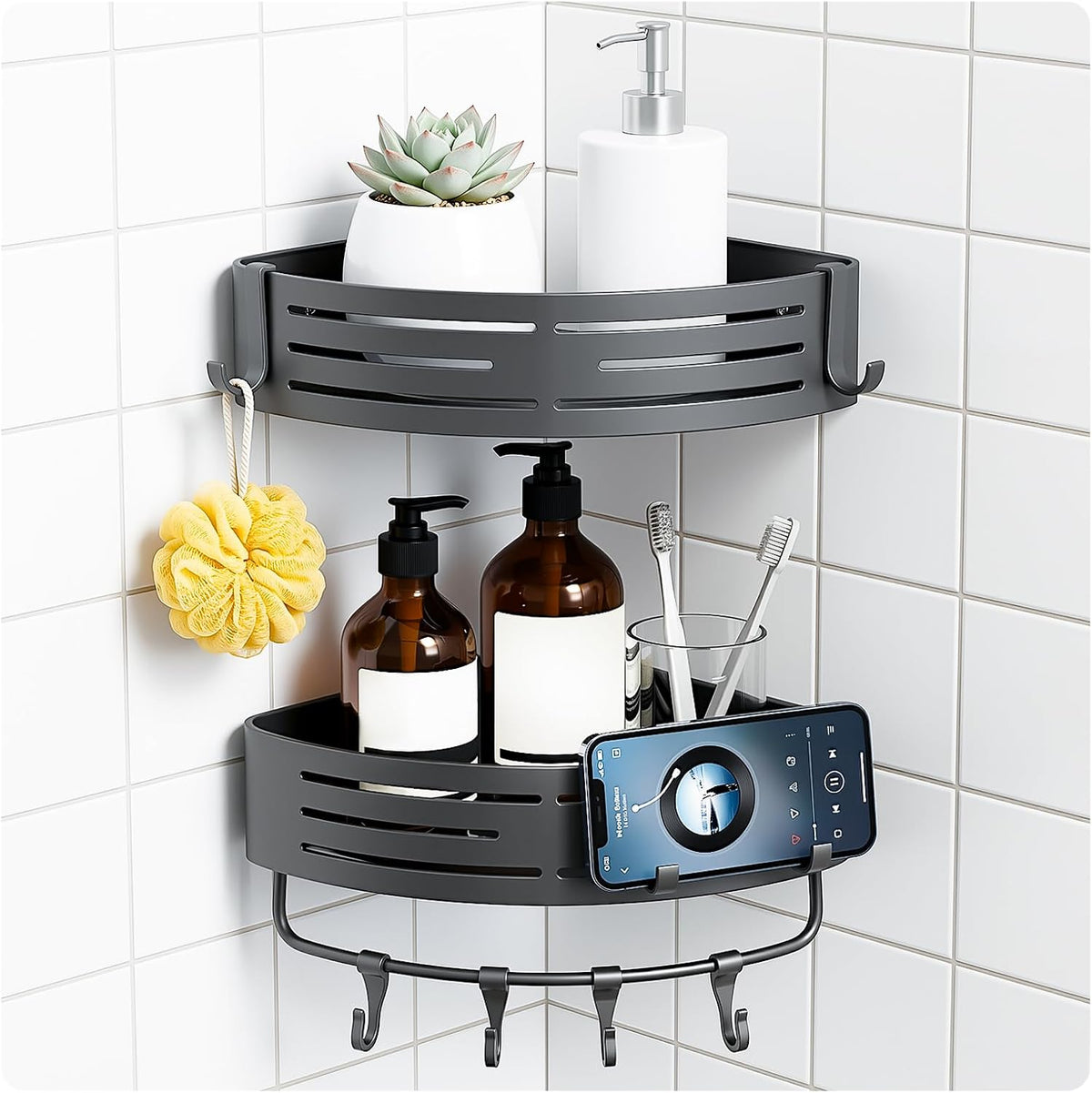 Adhesive Corner Shower Caddy with Hooks, Bathroom Shower Organizer, No Drilling Rust Proof Stainless Steel Shower Shelf for Inside Shower, Grey, 2 Pack