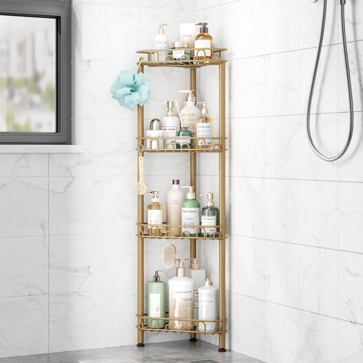 SWTYMIKI Standing Shower Caddy Corner - 3‑Tier Stainless Steel Shower Organizer Shelf with 12 Hooks and Adhesive Pads, Rustproof Corner Shelves Stand Rack for Bathroom Shower Room, Black
