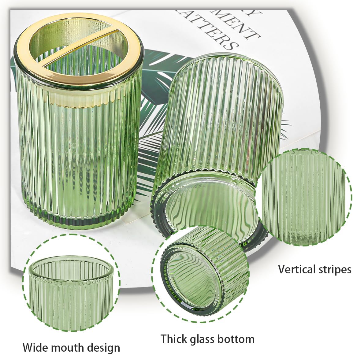 Toothbrush Holders for Bathrooms, 2pcs Glass Toothbrush Holder, 12oz Bathroom Tumbler and Mouthwash Cup, Tooth Brush and Toothpaste Organizer for Bathroom Vanity Countertop (Green Gold)