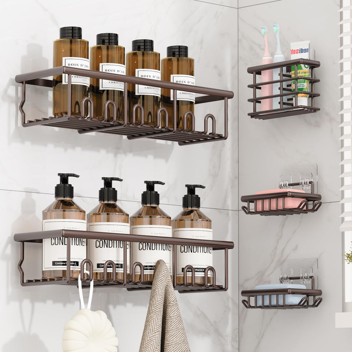 5 Pack Adhesive Bathroom Holders & Dispensers for Kids & Adults, Black