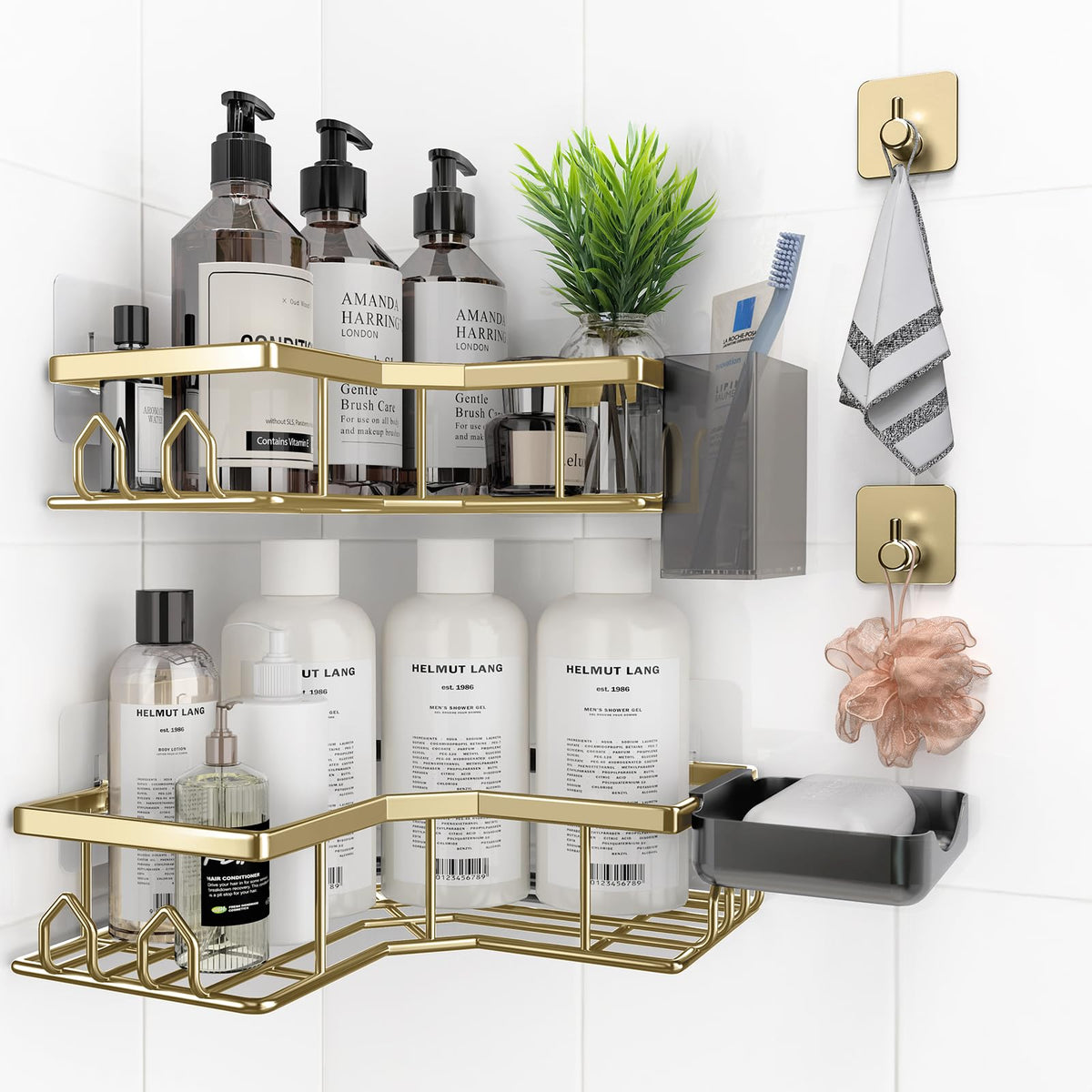 Adhesive Shower Caddy, 2 Pack Corner Bath Organizer, Rustproof Stainless Steel Shower Shelves with Large Capacity, No Drilling Shelves for Bathroom Storage, Home, Kitchen Decor (Silver).