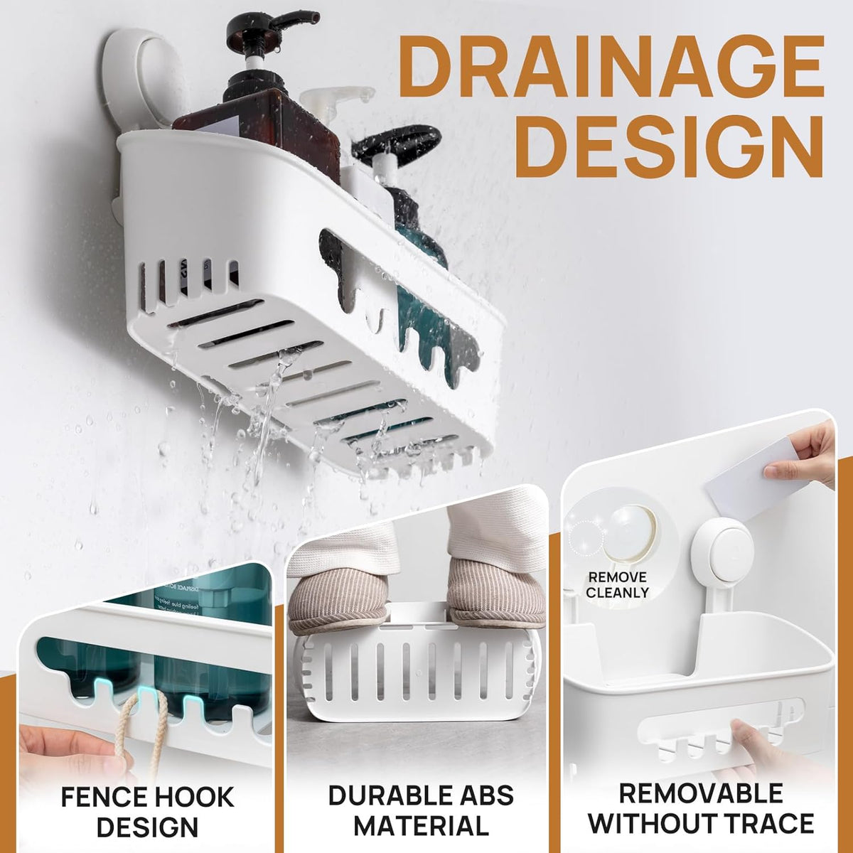 LEVERLOC Shower Caddy Suction Cup, Shower Organizer Removable Bathroom Shelf, Storage Suction Powerful Max Hold 22lbs Bathroom Caddy Waterproof Holder, White
