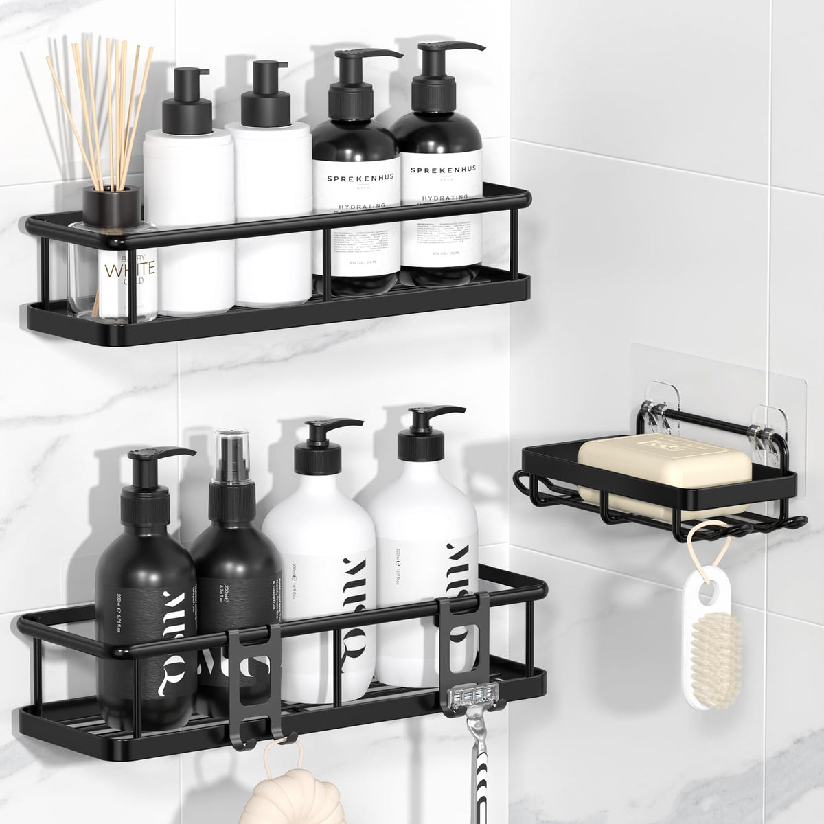 YASONIC Shower Caddy Adhesive, Rustproof Shower Organizer, Large Capacity Shower Shelves for Inside Shower, No Drilling Bathroom Organizers and Storage for Home Decor (2 Pack Black)