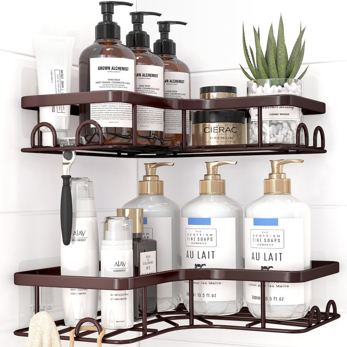 Sakugi Corner Shower Caddy - 2 Pack, Adhesive Shower Organizers, Rustproof Stainless Steel Shower Shelves with 8 Hooks, No Drilling Bathroom Organizers and Storage Racks, Space-Saving, Silver, Medium