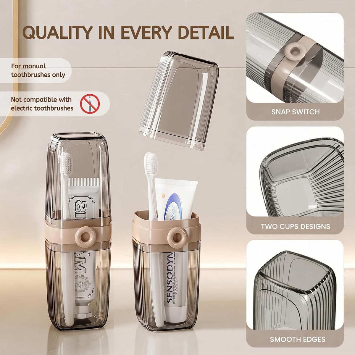 Topavatop Toothbrush Travel Case, 2 in 1 Toothbrush Holder and Rinse Cup, Large Capacity Toothbrush Cup with Cover, Portable Travel Toothbrush Holder for Traveling, Camping, Trip - 1Pcs - Beige&Clear