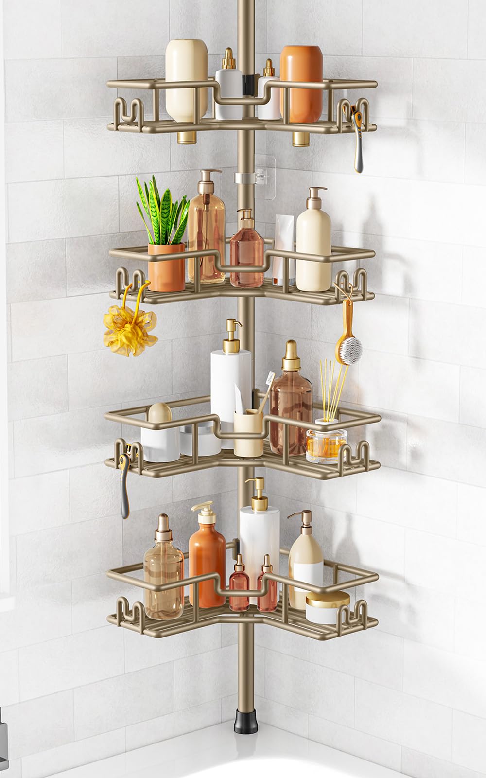 HAMITOR Shower Caddy Tension Pole: 4-Tier Adjustable Corner Shelf Black