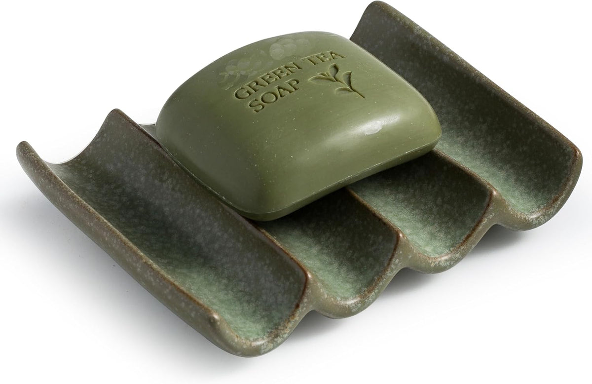 Draining Ceramic Soap Dish - Fluted Design, Bar Soap Holder for Shower & Bathroom, Soap Saver Sponge Lift, Green
