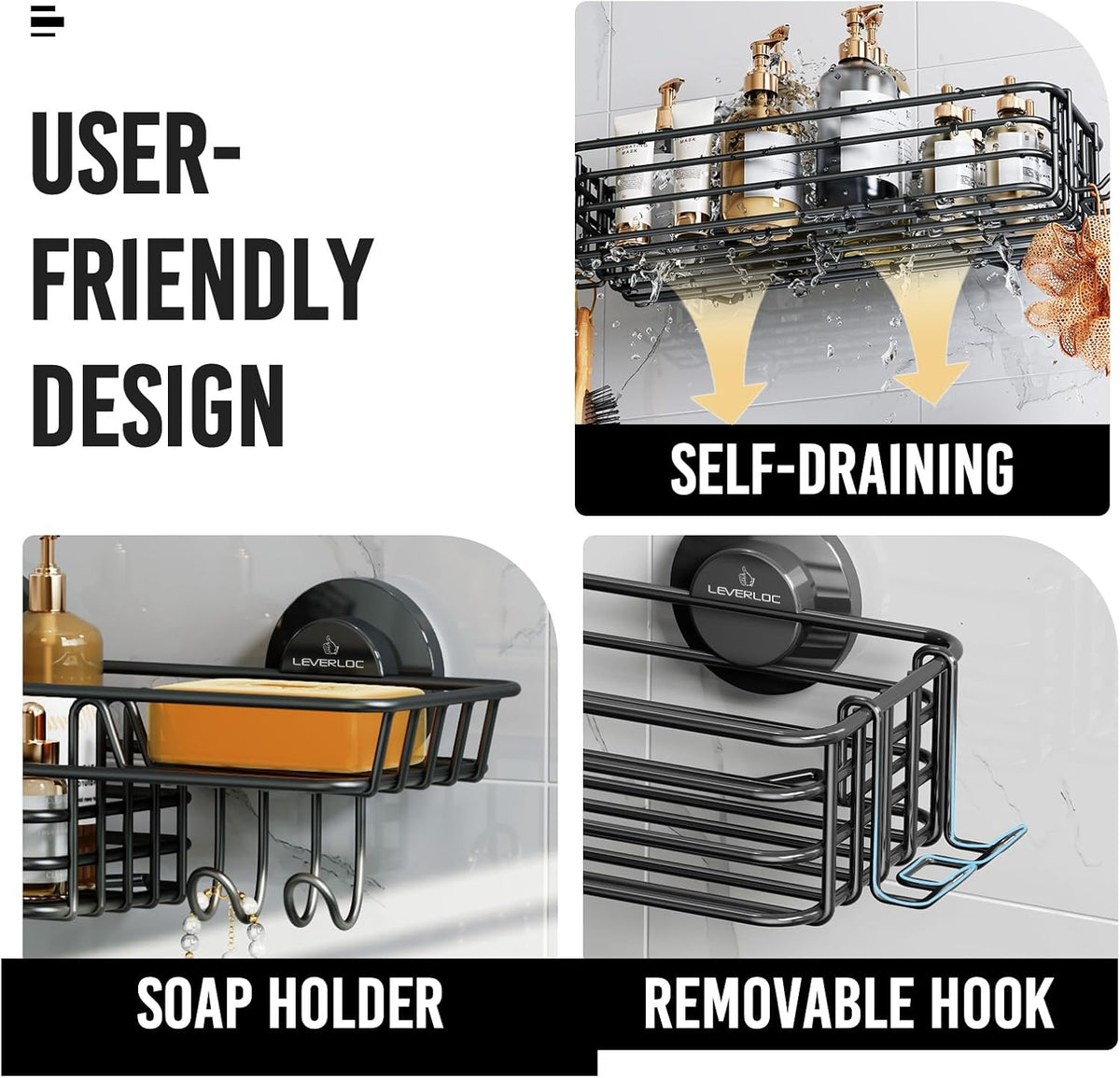 LEVERLOC Shower Caddy Suction Cup, 2 Pack Suction Shower Shelf With Hooks