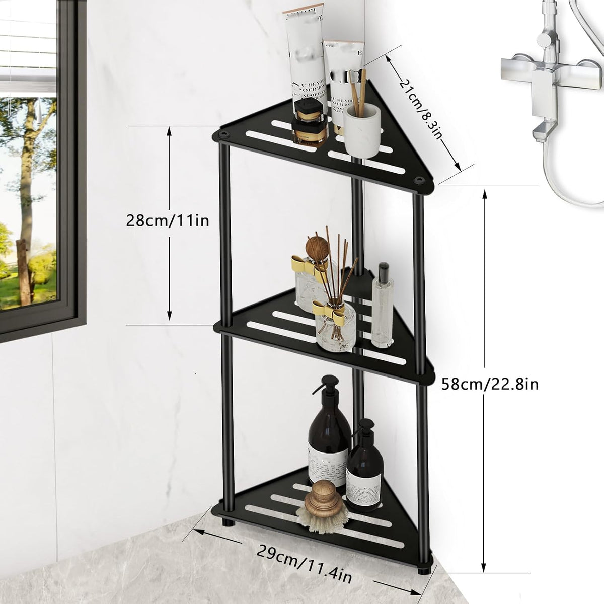 Standing Shower Caddy Corner, 3 Tier Stainless Steel Shower Organizer Stand, Rustproof Corner Shower Shelves, Corner Shower Caddy Bathroom Shower Stand, Black