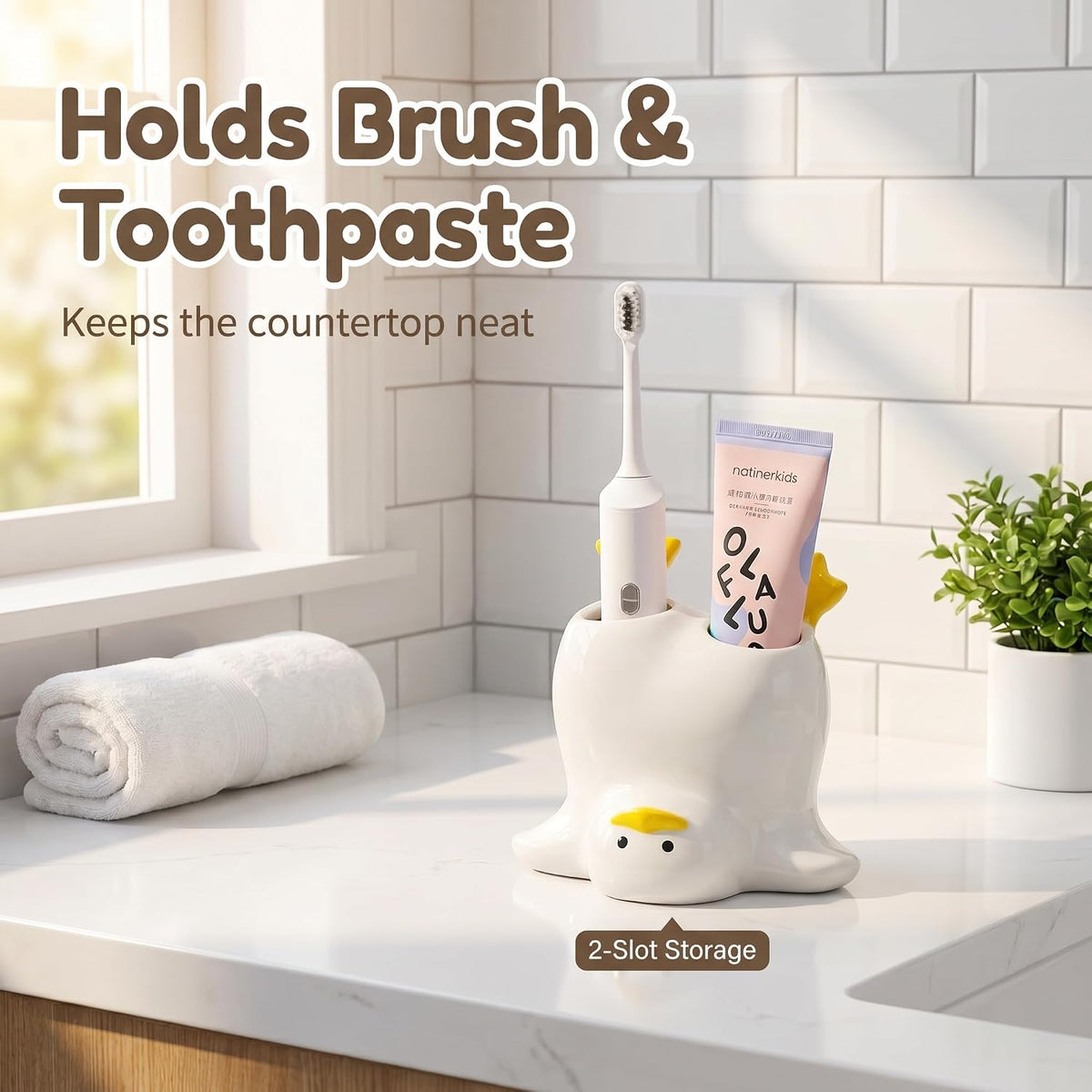 Cute Duck Toothbrush Holder,Ceramic Cartoon Duck Bathroom Decor for Kids
