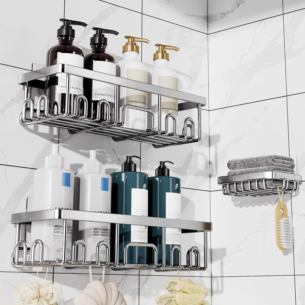 Veken Shower Caddy 3-Pack, Advanced Rustproof Design, No Drilling Adhesive Shelves, Rack with Soap Holder, Large Capacity Bathroom Organizers and Storage, Wall-Mounted Kitchen & Home Decor, Black
