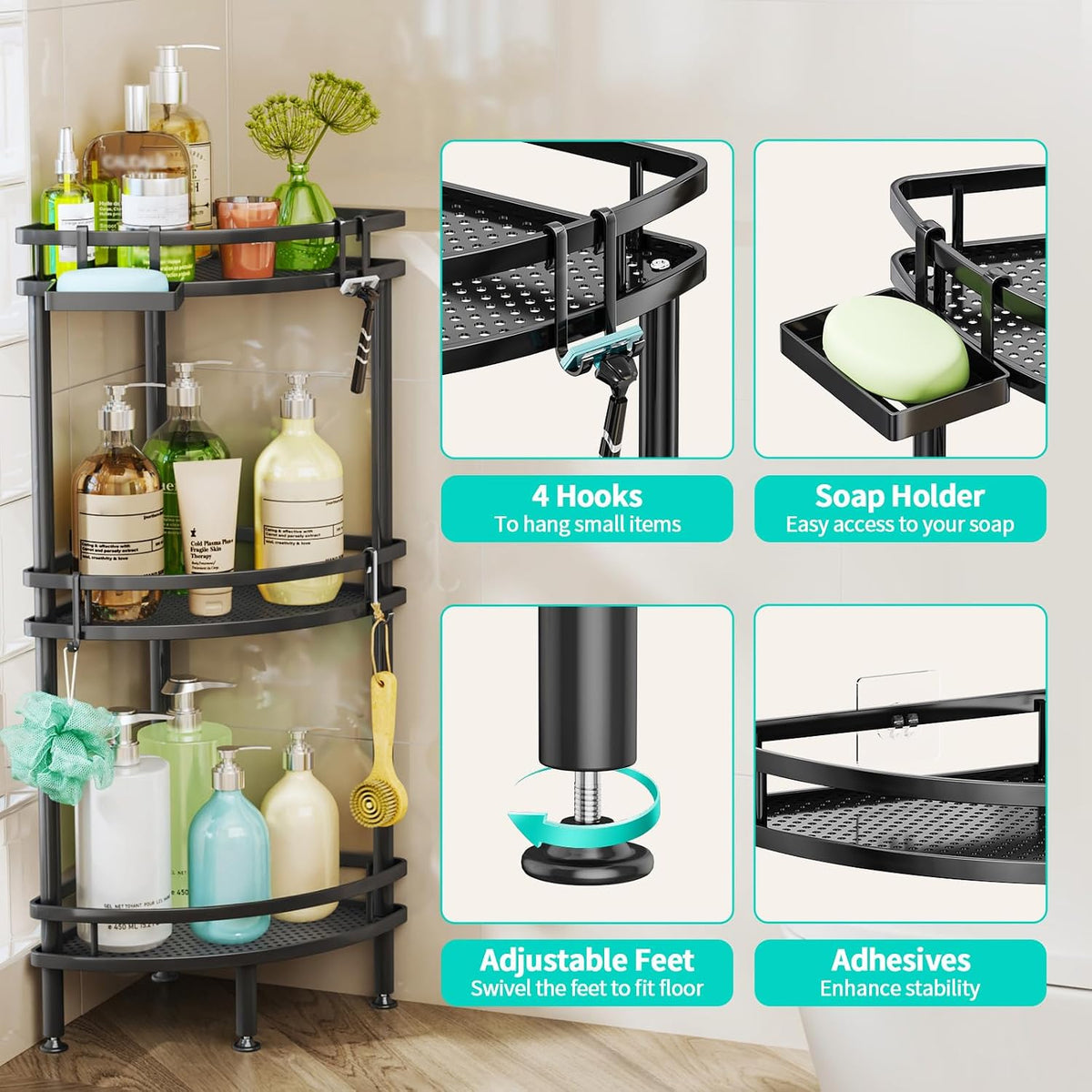 HapiRm Standing Corner Shower Caddy - 3 Tier Shower Organizer Corner with Soap Holder and 4 Hooks, Rustproof Bathroom Storage Shelves with Adhesives, Black