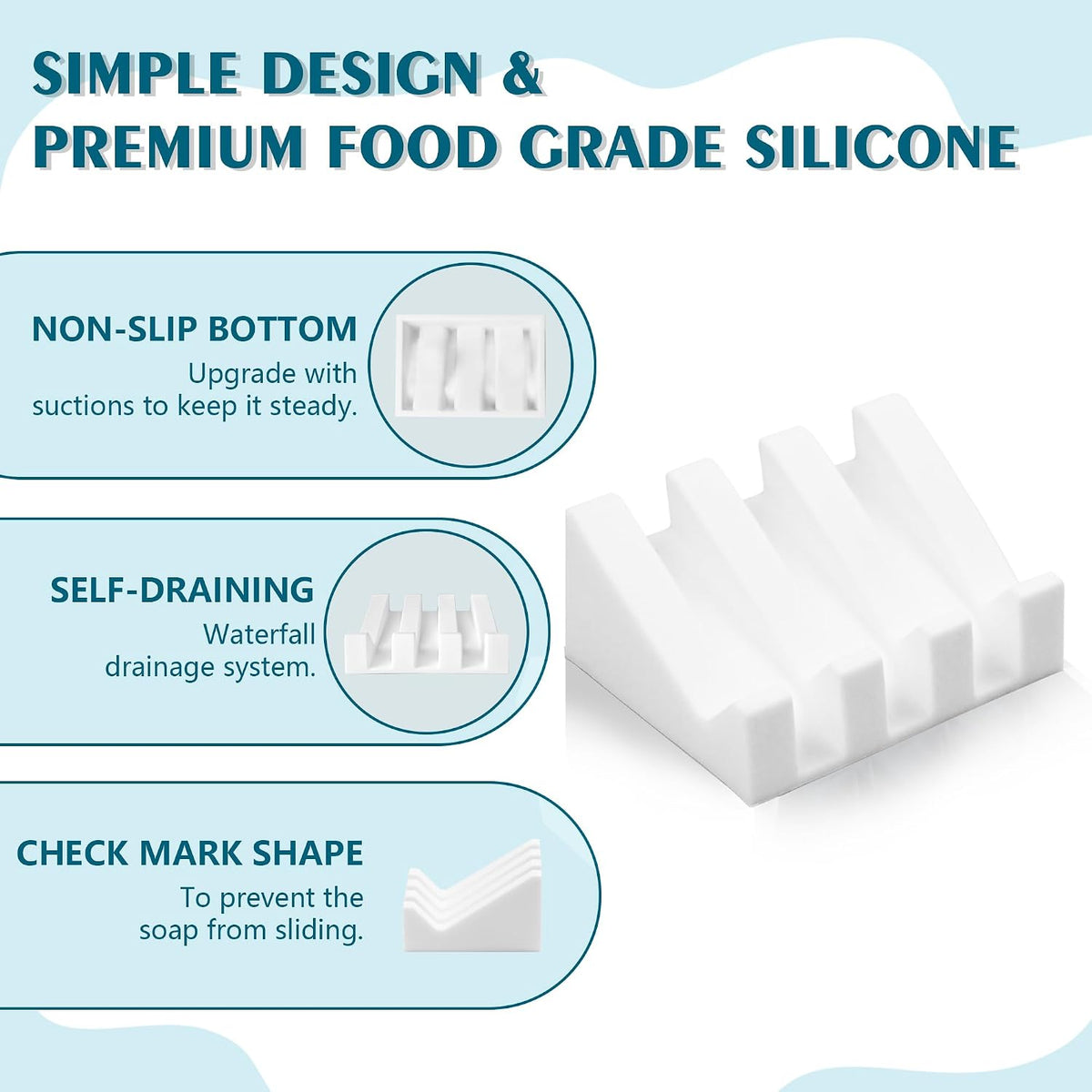 Self Draining Soap Dish Holder,Silicone Soap Dish,for Bathroom,Kitchen, Sponges,Can Extend Soap Life,Keep Soap Bars Dry and Easy Cleaning (White,1-Pack)