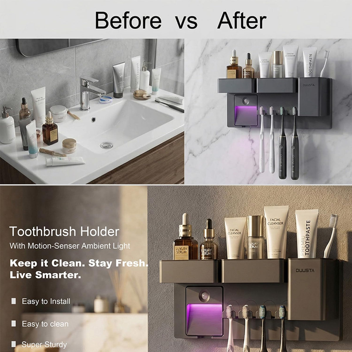 Toothbrush Holders for Bathrooms Toothbrush Holders Wall Mounted with Magnetic Night Light-4 Toothbrush Slots, 3 Independent Storage Compartments Bathroom Decor All-in-One Organizers Accessories Black