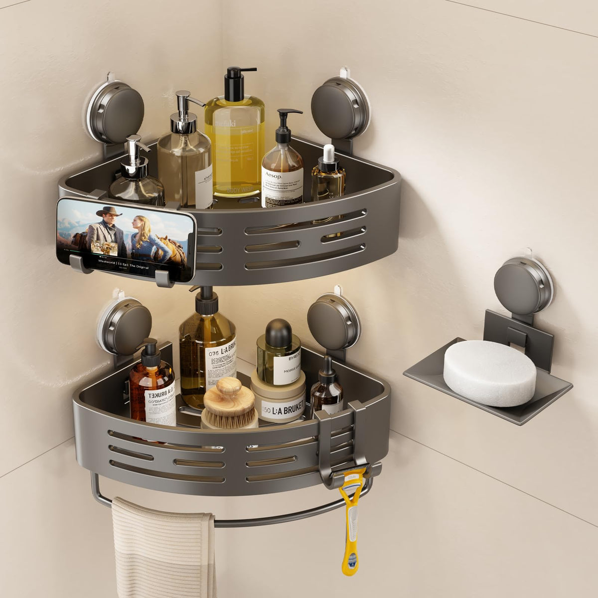 VOLPONE Corner Shower Caddy Suction Cup Shower Shelf Corner No Drilling Bathroom Shower Organizer Storage Rack Adhesive with Towel Bar Hooks (2-Pack,Gray)
