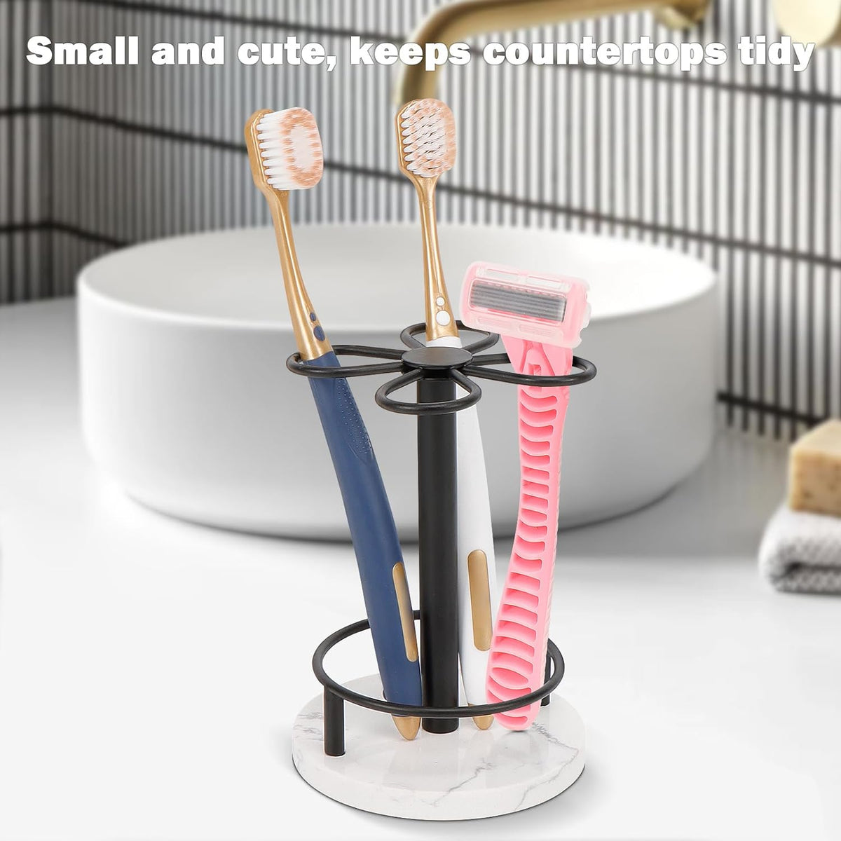Toothbrush Holder Stand for Bathroom, Metal Toothbrush Organizer with Marble Base, Toothbrush Storage Collection for Family, Suitable for Home Hotel Countertop Vanity (Small, Matte Black)