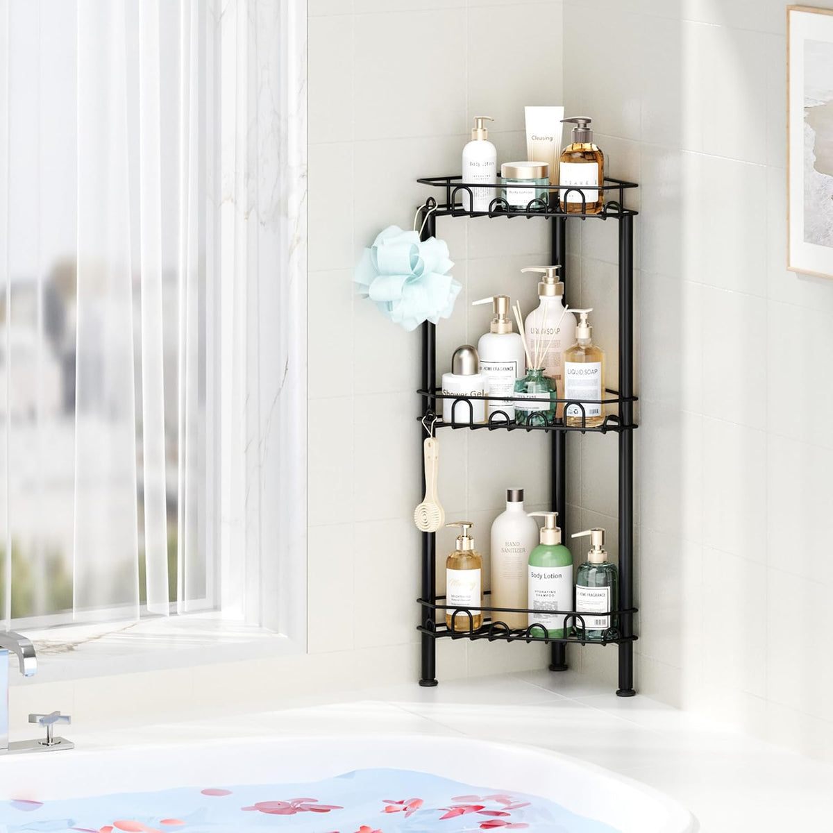 SWTYMIKI Standing Shower Caddy Corner - 3‑Tier Stainless Steel Shower Organizer Shelf with 12 Hooks and Adhesive Pads, Rustproof Corner Shelves Stand Rack for Bathroom Shower Room, Black