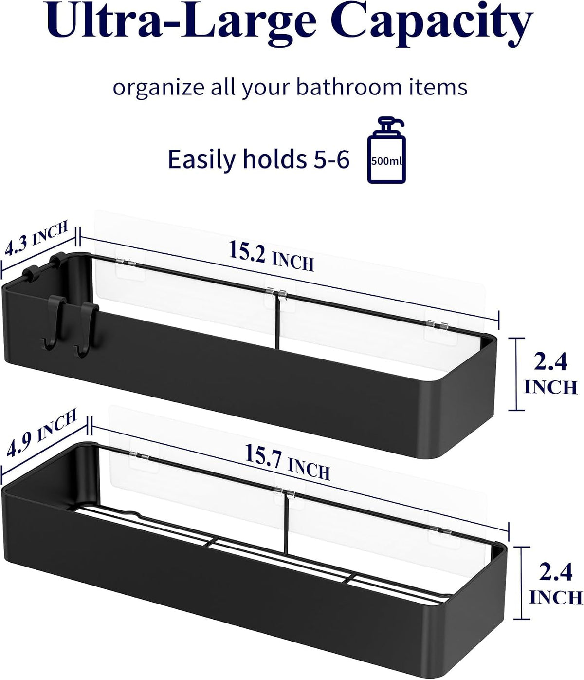 Kitsure Shower Caddy - 2 Pack Adhesive Shower Organizer, Rustproof Metal Shelves, No-Drill Bathroom Organizers and Storage, Black, XX-Large