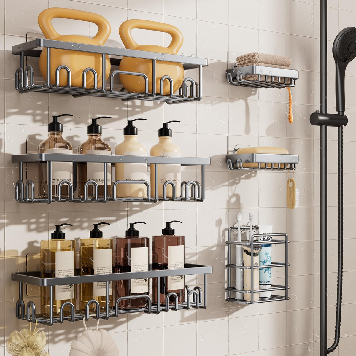 Veken Shower Caddy 3-Pack, Advanced Rustproof Design, No Drilling Adhesive Shelves, Rack with Soap Holder, Large Capacity Bathroom Organizers and Storage, Wall-Mounted Kitchen & Home Decor, Black