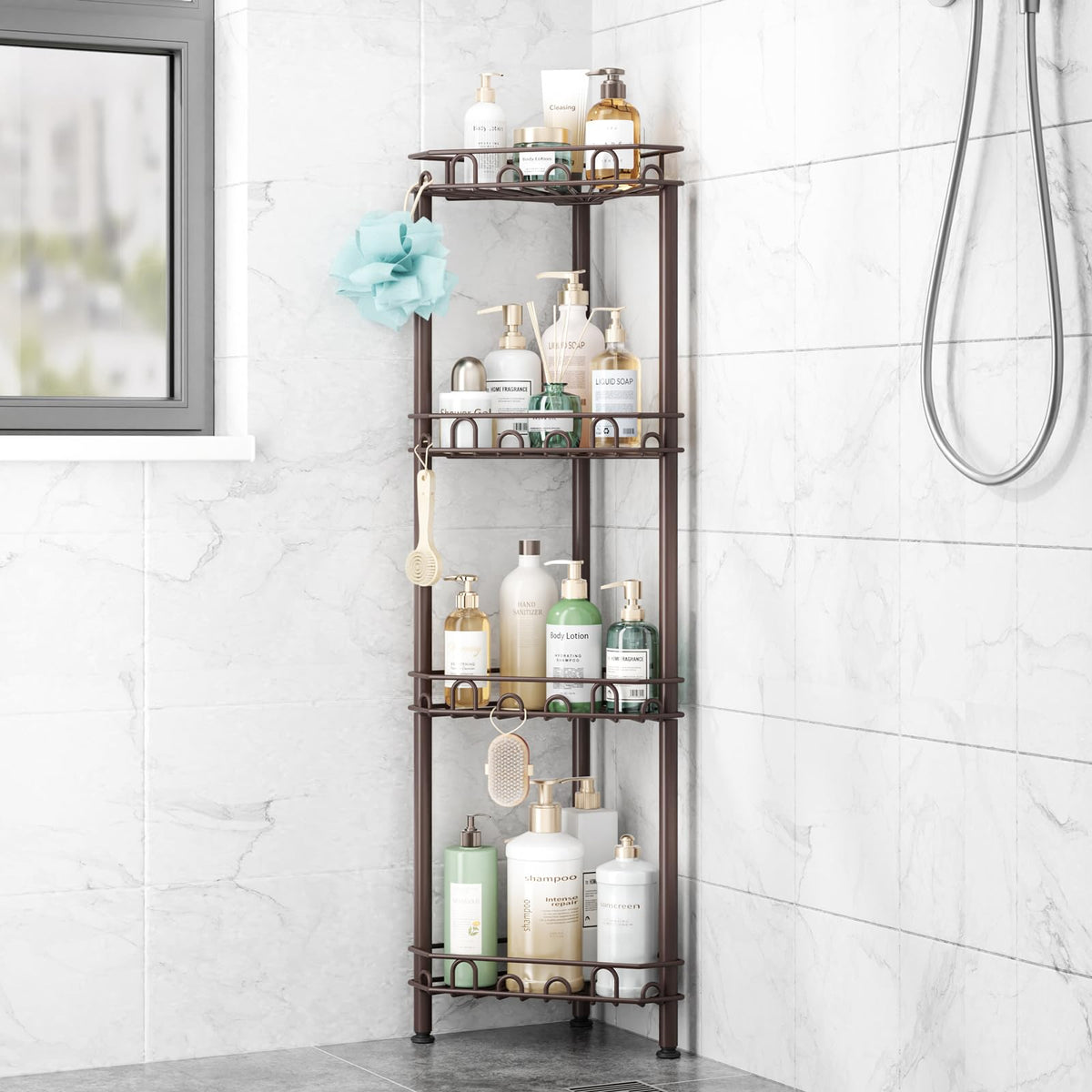 SWTYMIKI Standing Shower Caddy Corner - 3‑Tier Stainless Steel Shower Organizer Shelf with 12 Hooks and Adhesive Pads, Rustproof Corner Shelves Stand Rack for Bathroom Shower Room, Black