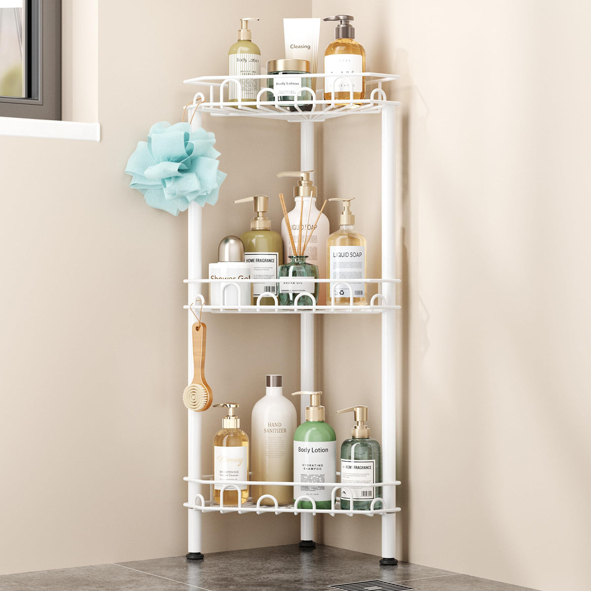 SWTYMIKI Standing Shower Caddy Corner - 3‑Tier Stainless Steel Shower Organizer Shelf with 12 Hooks and Adhesive Pads, Rustproof Corner Shelves Stand Rack for Bathroom Shower Room, Black