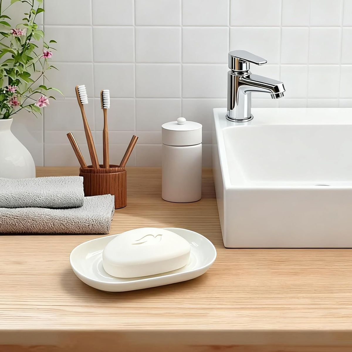 Ceramic Soap Dish for Bath Sink- Modern White Bar Soap Holder for Shower - Easy to Clean Multi-Purpose Oval Soap Dishes for Soap Bar, Sponges, Jewelry, Small Items | Fits Bathroom & Kitchen