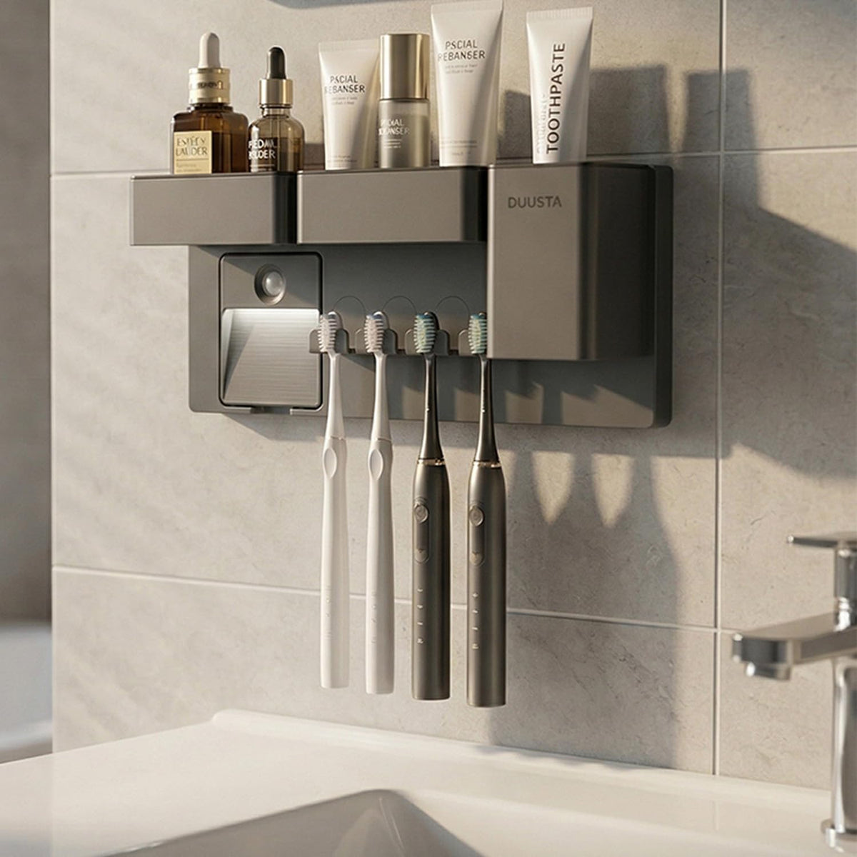 Toothbrush Holders for Bathrooms Toothbrush Holders Wall Mounted with Magnetic Night Light-4 Toothbrush Slots, 3 Independent Storage Compartments Bathroom Decor All-in-One Organizers Accessories Black