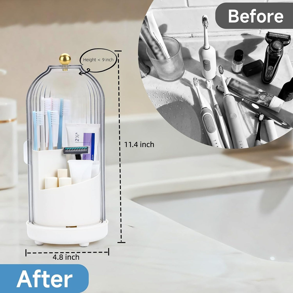 Toothbrush Organizer with Cover,3 Slots for Bathroom Toothbrush Holders with Lid,Dustproof Design,Rotating Holder,Ideal Makeup Brushes Holder for Bathroom Countertop Organization and Storage