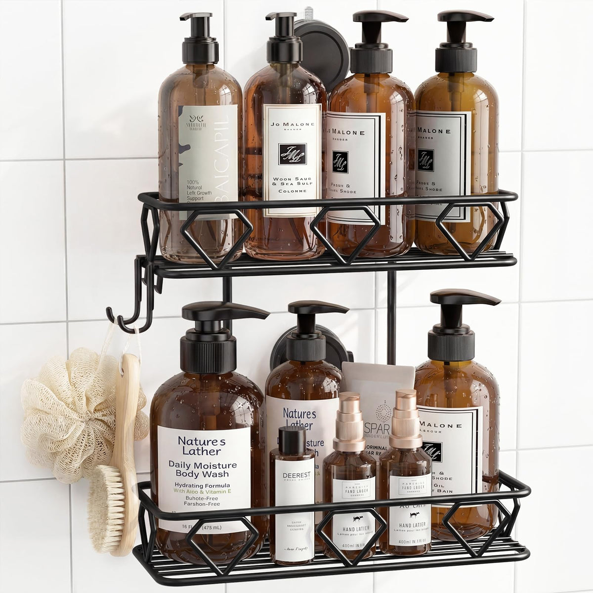 JOTPE Shower Caddy Suction Cup, Powerful Suction Storage Shelf Holds Up to 40 lbs, No Drilling Bathroom Organizer with Large Capacity, Removable & Reusable Shower Basket with Hooks, Rustproof, Black