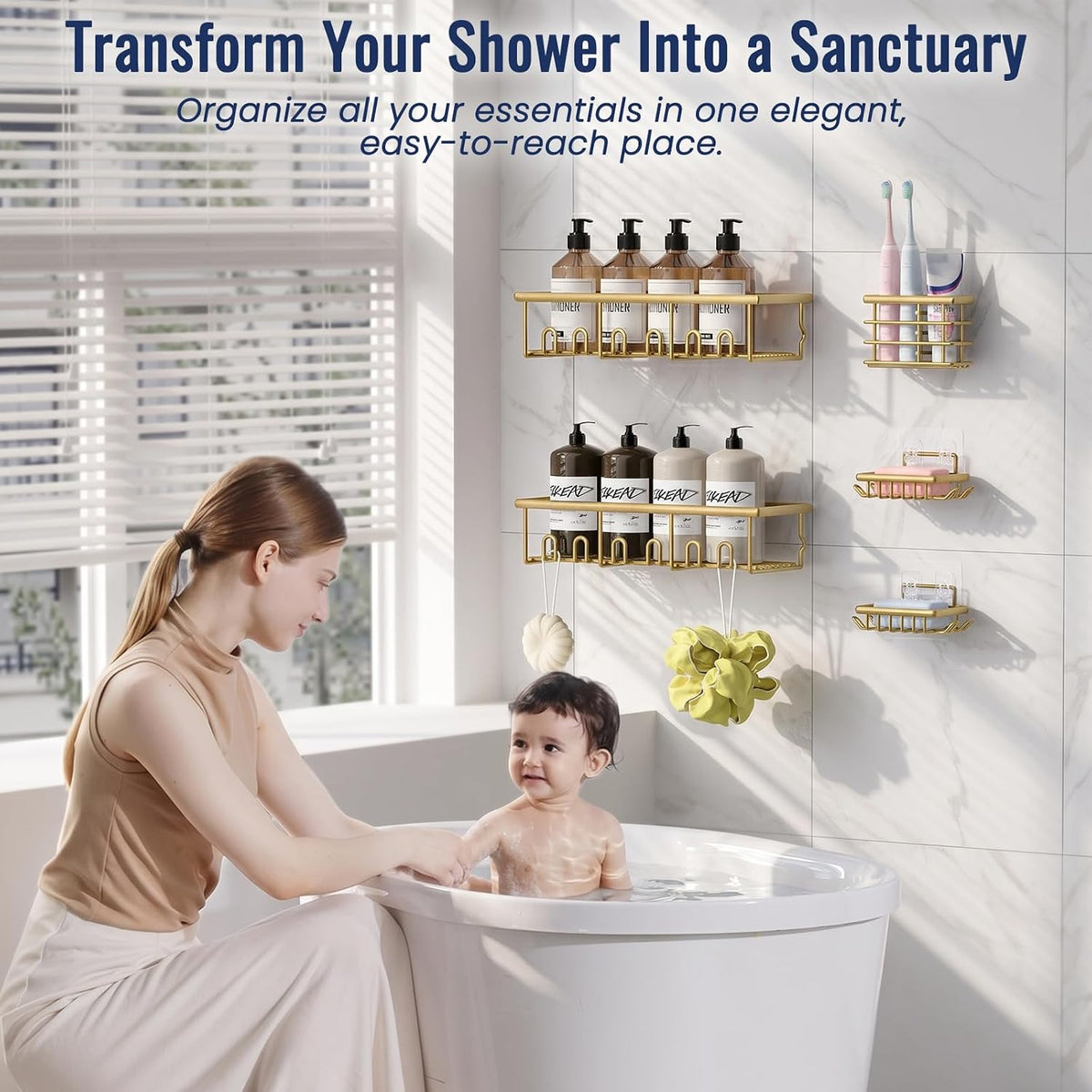 5 Pack Adhesive Bathroom Holders & Dispensers for Kids & Adults, Gold