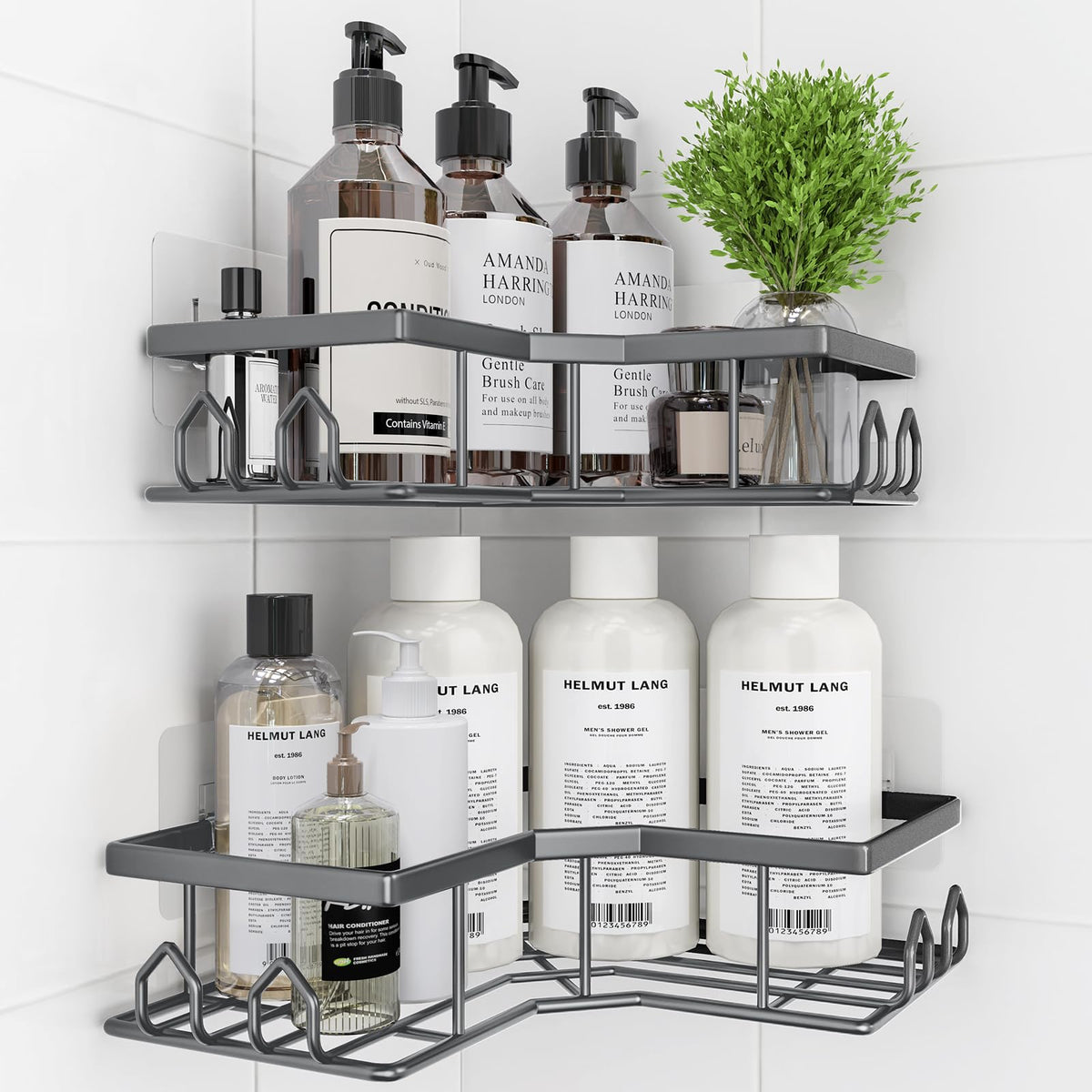 Adhesive Shower Caddy, 2 Pack Corner Bath Organizer, Rustproof Stainless Steel Shower Shelves with Large Capacity, No Drilling Shelves for Bathroom Storage, Home, Kitchen Decor (Silver).