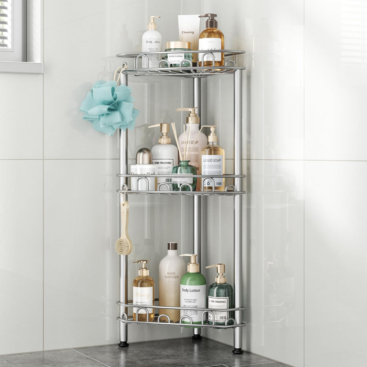SWTYMIKI Standing Shower Caddy Corner - 3‑Tier Stainless Steel Shower Organizer Shelf with 12 Hooks and Adhesive Pads, Rustproof Corner Shelves Stand Rack for Bathroom Shower Room, Black