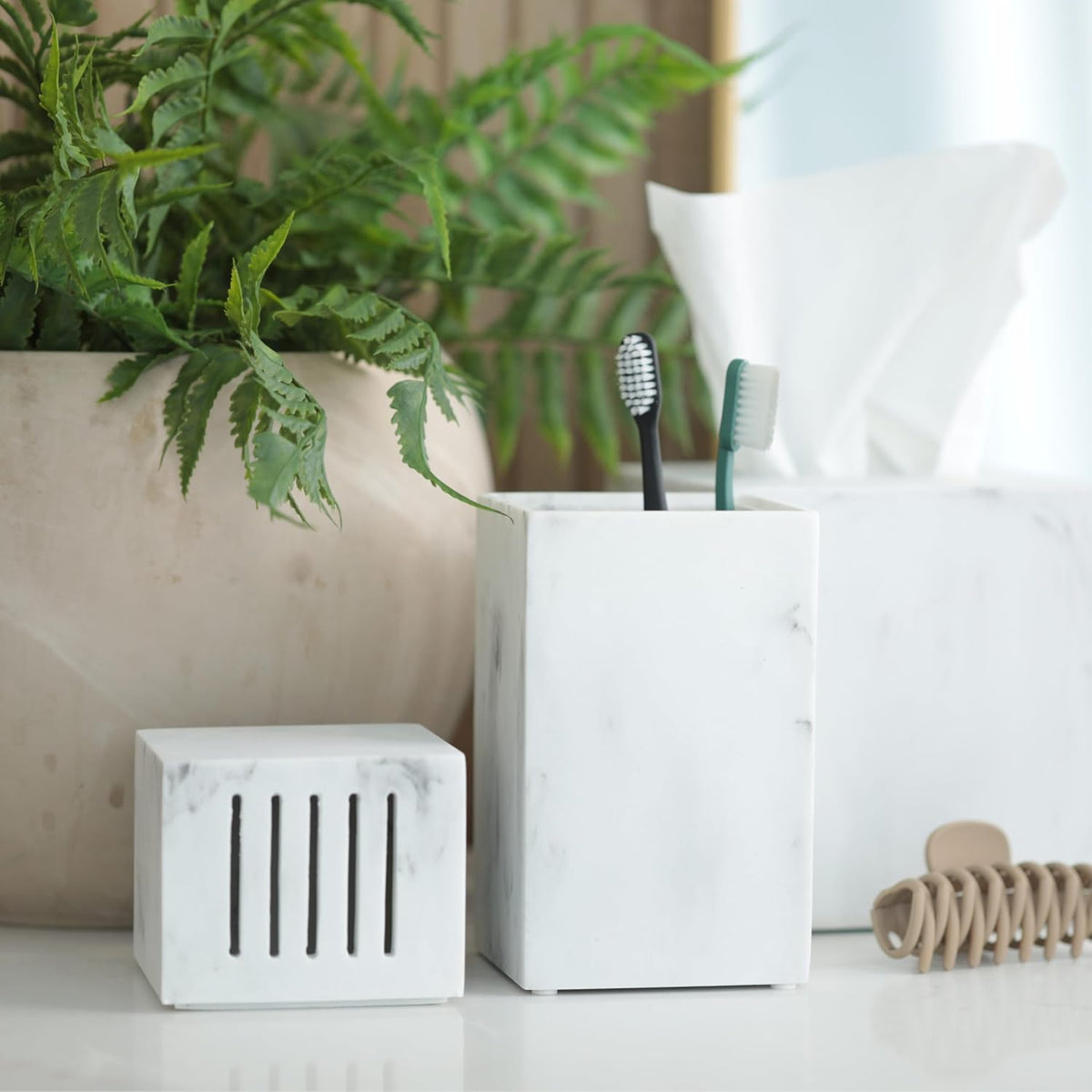 Essentra Home Toothbrush Holder with Lid, Elegant White Marble Bathroom Toothbrush & Toothpaste Organizer – Blanc Collection