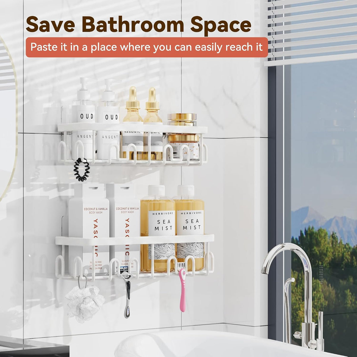 YASONIC Shower Caddy Adhesive, Rustproof Shower Organizer, Wall Shower Rack